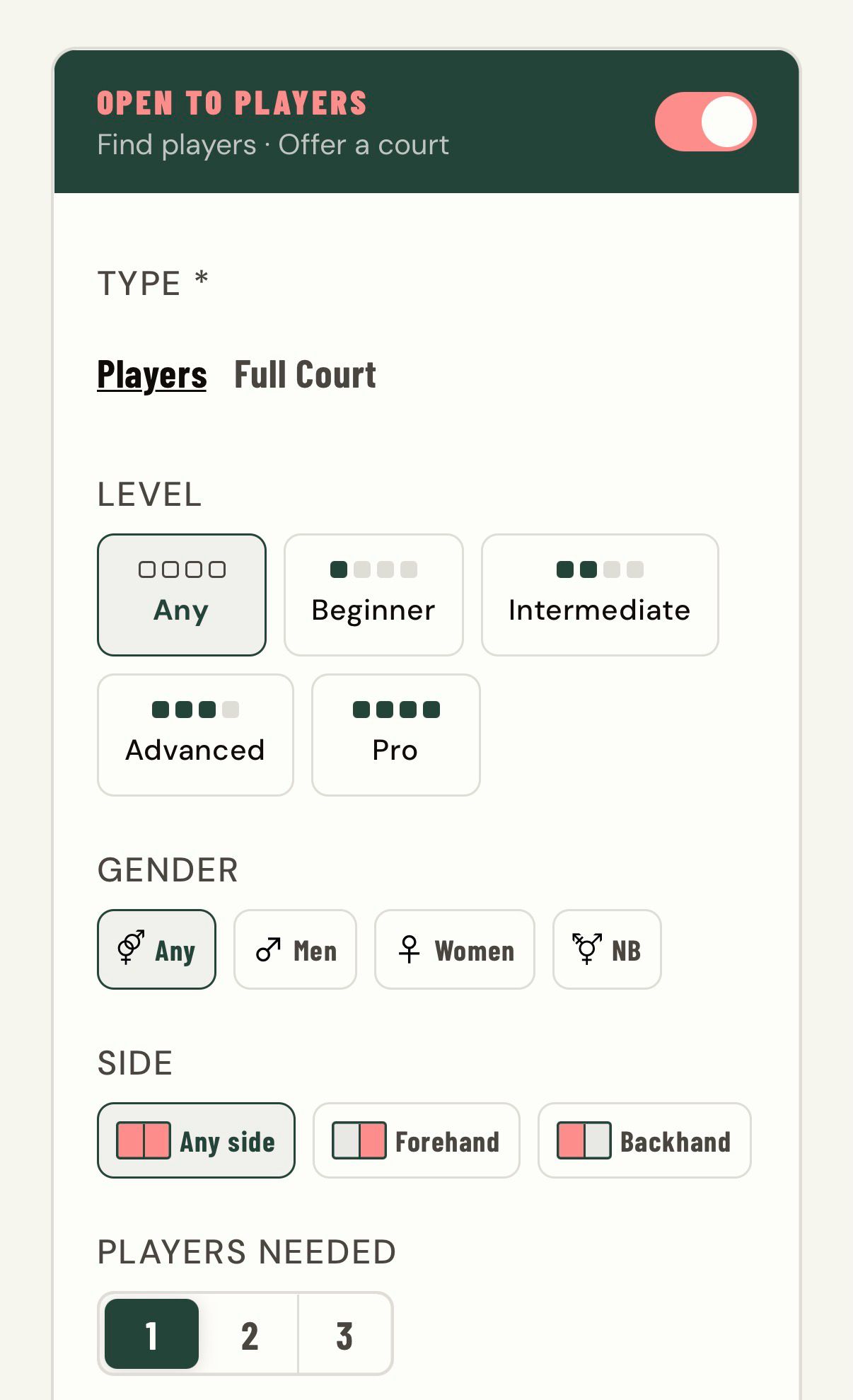 Matching — find players app screen